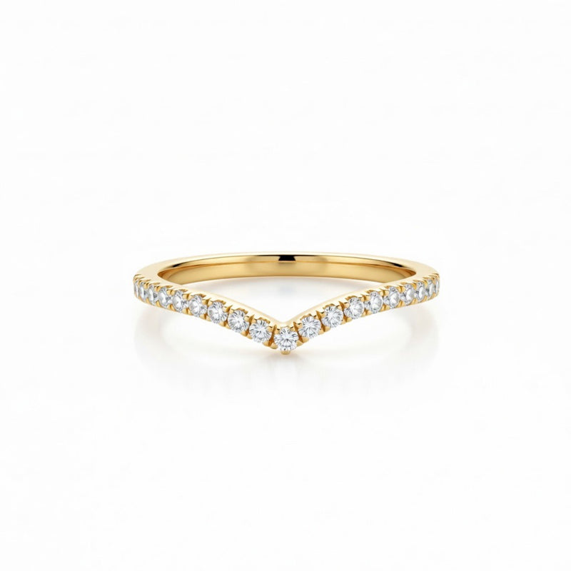 Yellow Gold Chevron Diamond Wedding Band With Pavé Set Round Diamonds