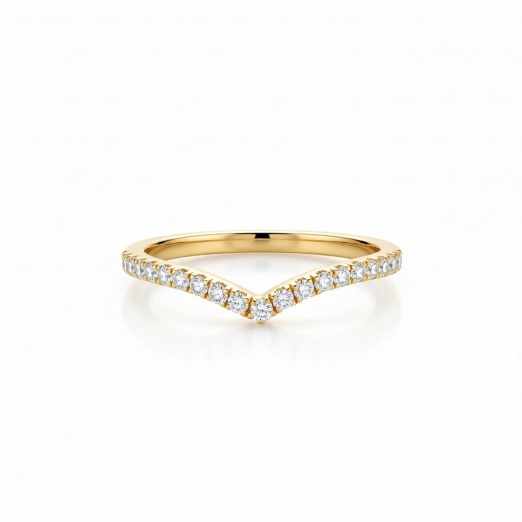 Yellow Gold Chevron Diamond Wedding Band With Pavé Set Round Diamonds