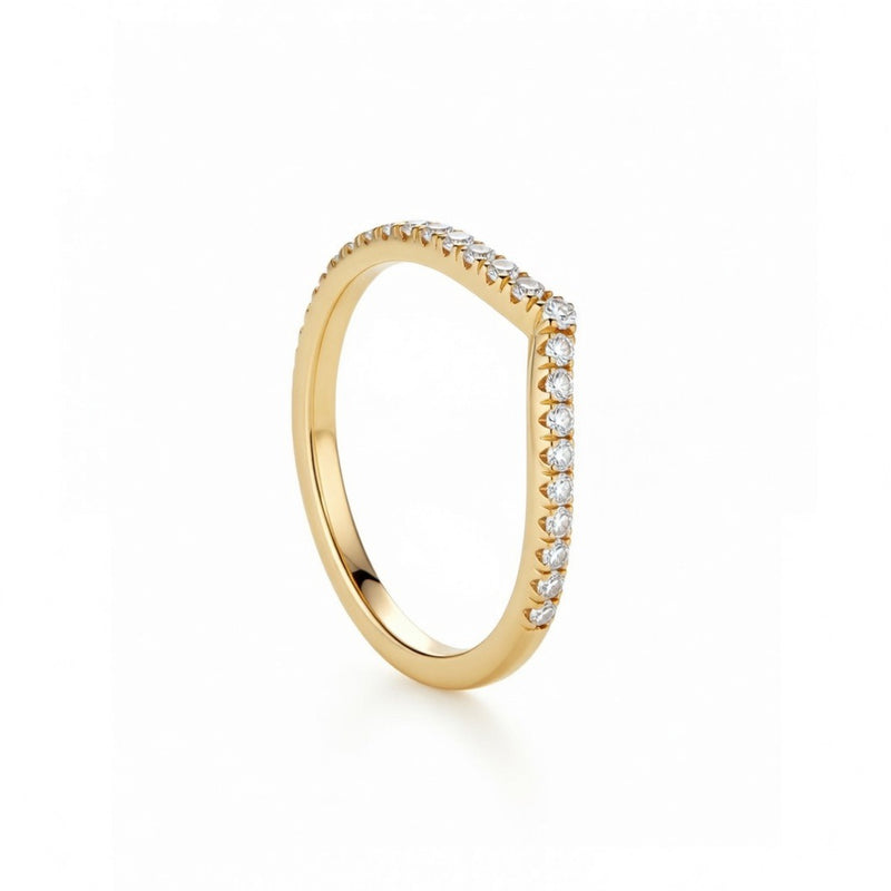 Yellow Gold Chevron Diamond Wedding Band With Pavé Set Round Diamonds
