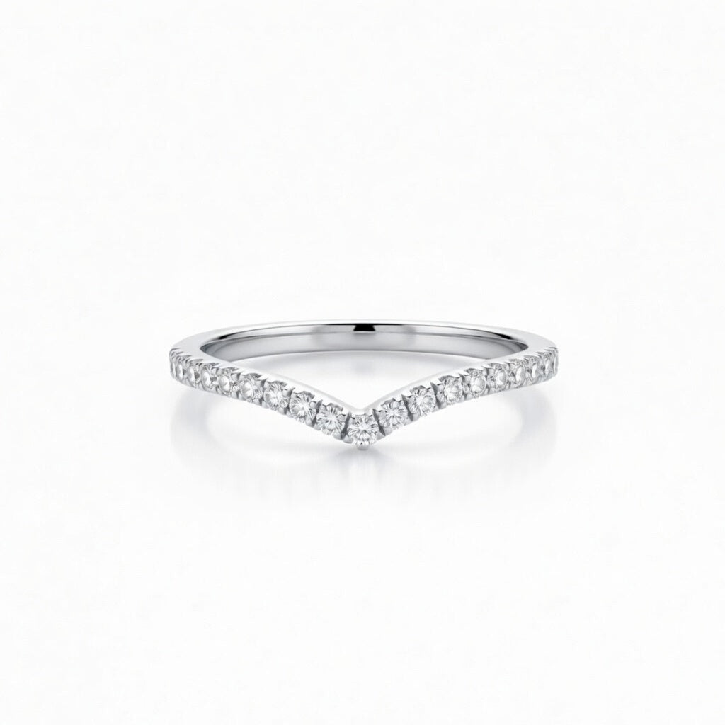White Gold Chevron Diamond Wedding Band With Pavé Set Round Diamonds