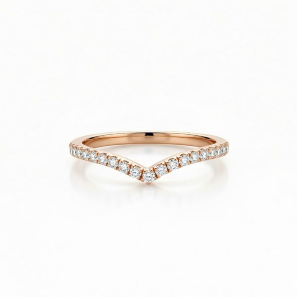Rose Gold Chevron Diamond Wedding Band With Pavé Set Round Diamonds