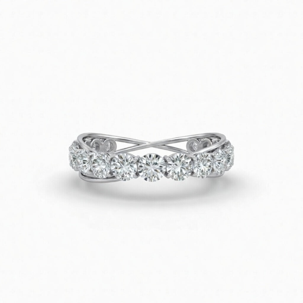 Silver Curved Diamond Wedding Band With Open Crossover Shank And Round Diamonds