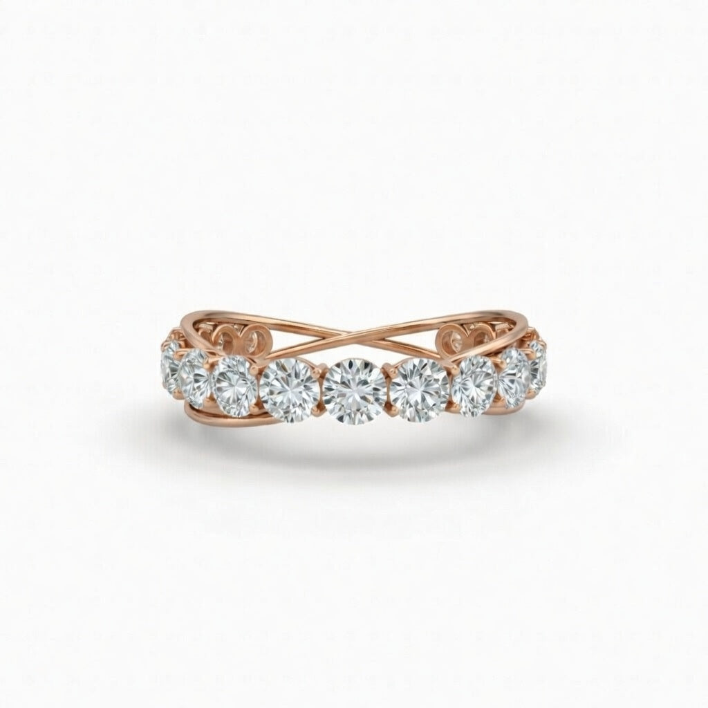 Rose Gold Curved Diamond Wedding Band With Open Crossover Shank And Round Diamonds
