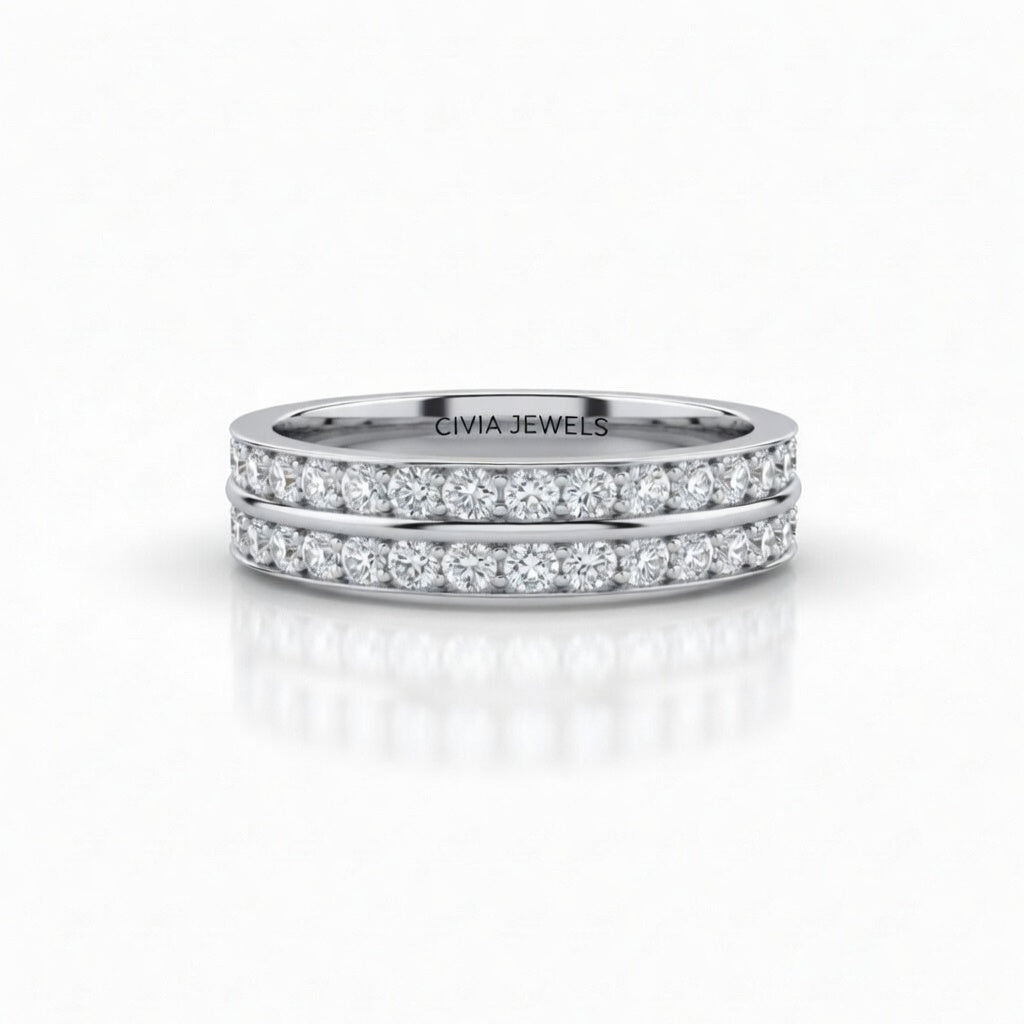 White Gold Double Row Diamond Wedding Band With Pavé Set Round Diamonds