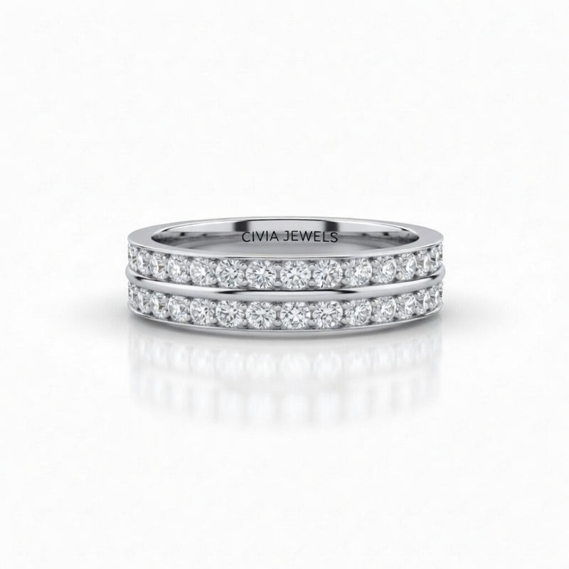 Silver Double Row Diamond Wedding Band With Pavé Set Round Diamonds
