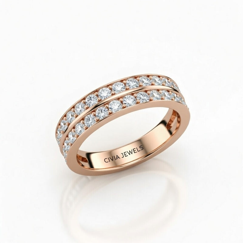 Rose Gold Double Row Diamond Wedding Band With Pavé Set Round Diamonds