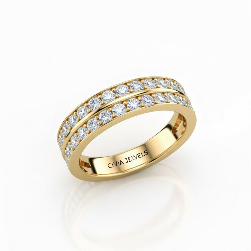 Yellow Gold Double Row Diamond Wedding Band With Pavé Set Round Diamonds