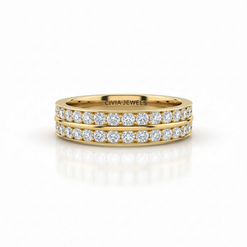 Yellow Gold Double Row Diamond Wedding Band With Pavé Set Round Diamonds