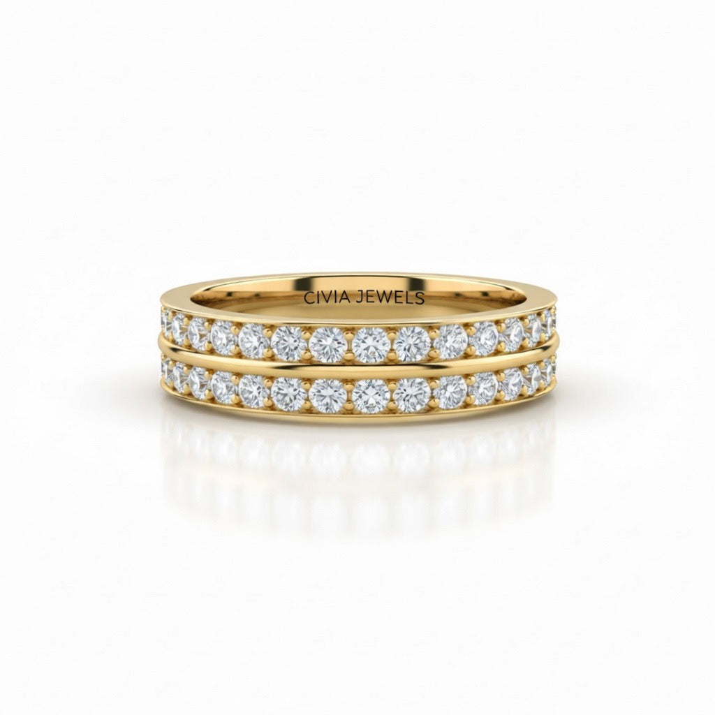 Yellow Gold Double Row Diamond Wedding Band With Pavé Set Round Diamonds