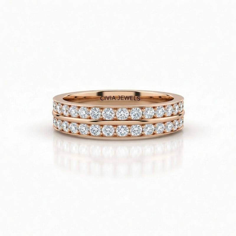Rose Gold Double Row Diamond Wedding Band With Pavé Set Round Diamonds