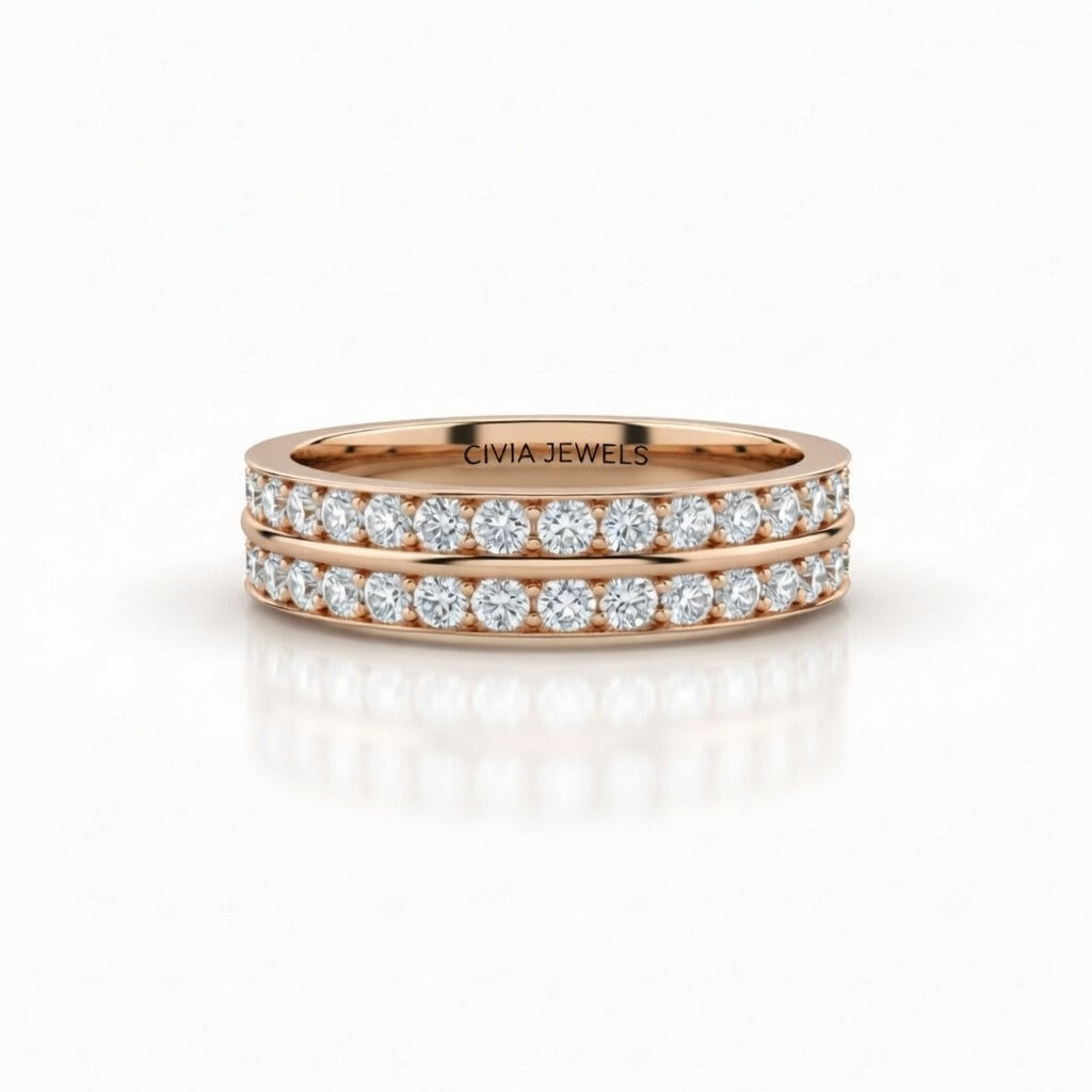 Rose Gold Double Row Diamond Wedding Band With Pavé Set Round Diamonds