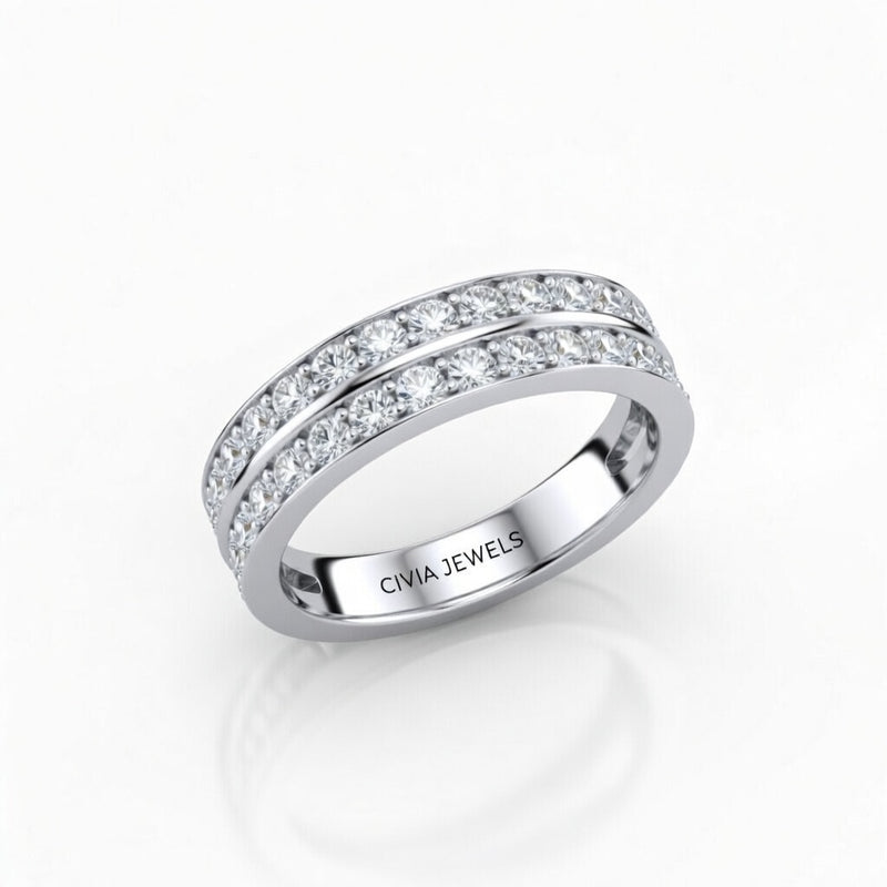 White Gold Double Row Diamond Wedding Band With Pavé Set Round Diamonds