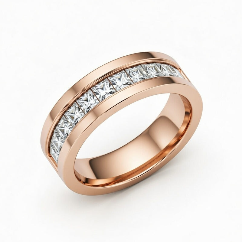 Rose Gold Faceted Princess Cut Diamond Channel Set Wedding Band