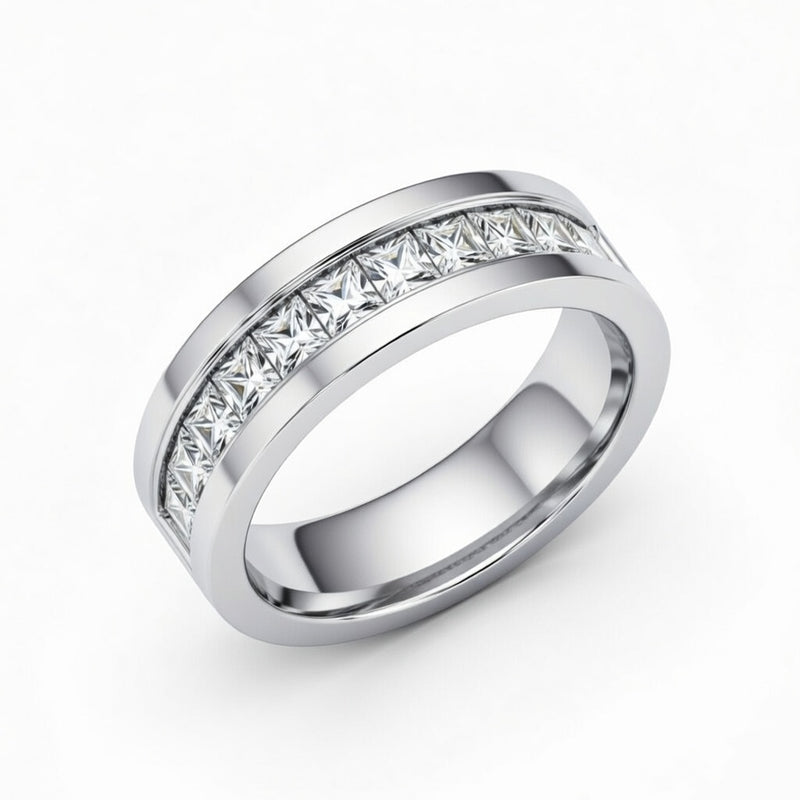Silver Faceted Princess Cut Diamond Channel Set Wedding Band