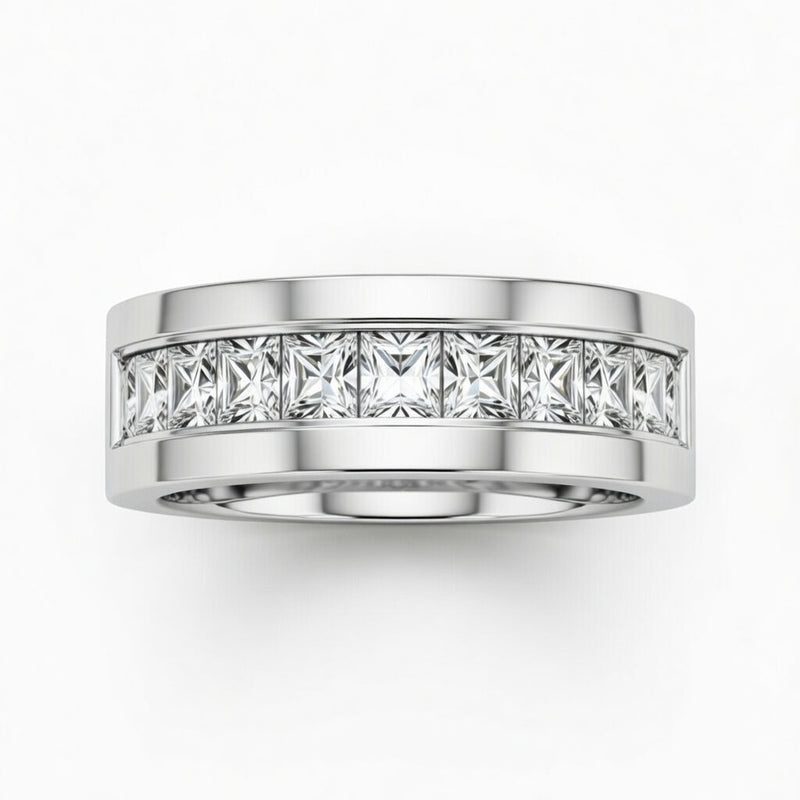 White Gold Faceted Princess Cut Diamond Channel Set Wedding Band