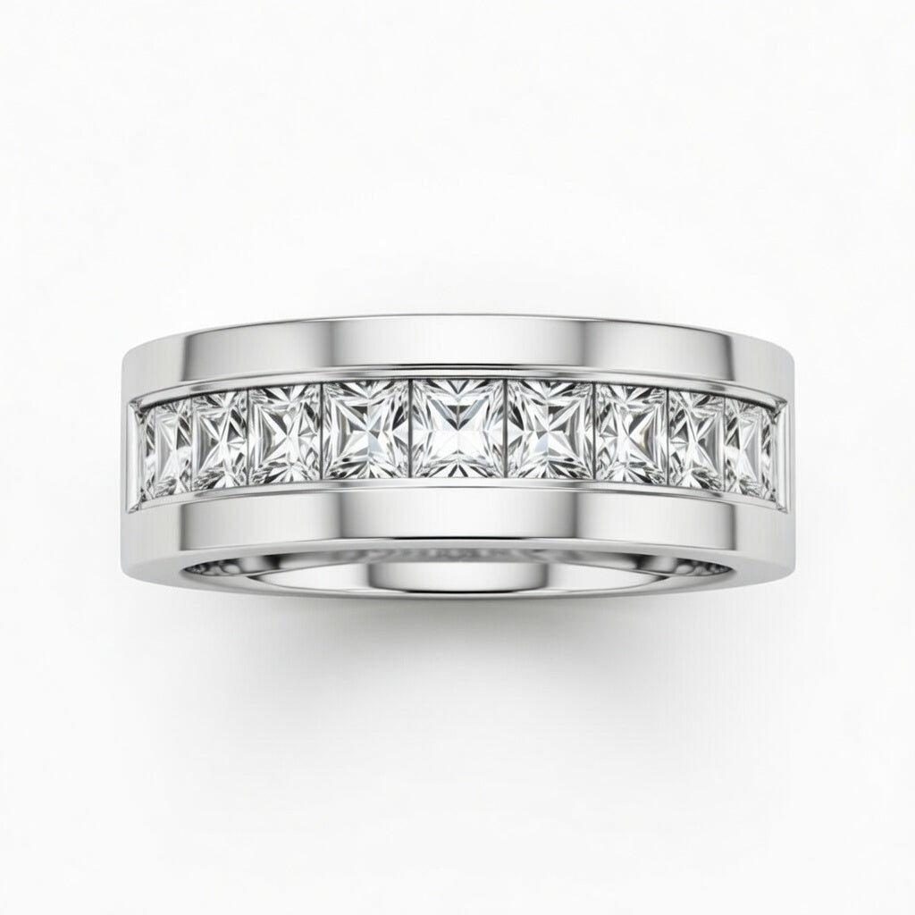 Silver Faceted Princess Cut Diamond Channel Set Wedding Band