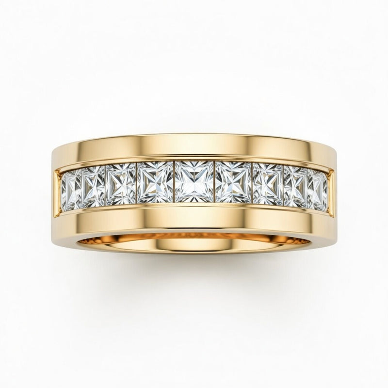Yellow Gold Faceted Princess Cut Diamond Channel Set Wedding Band