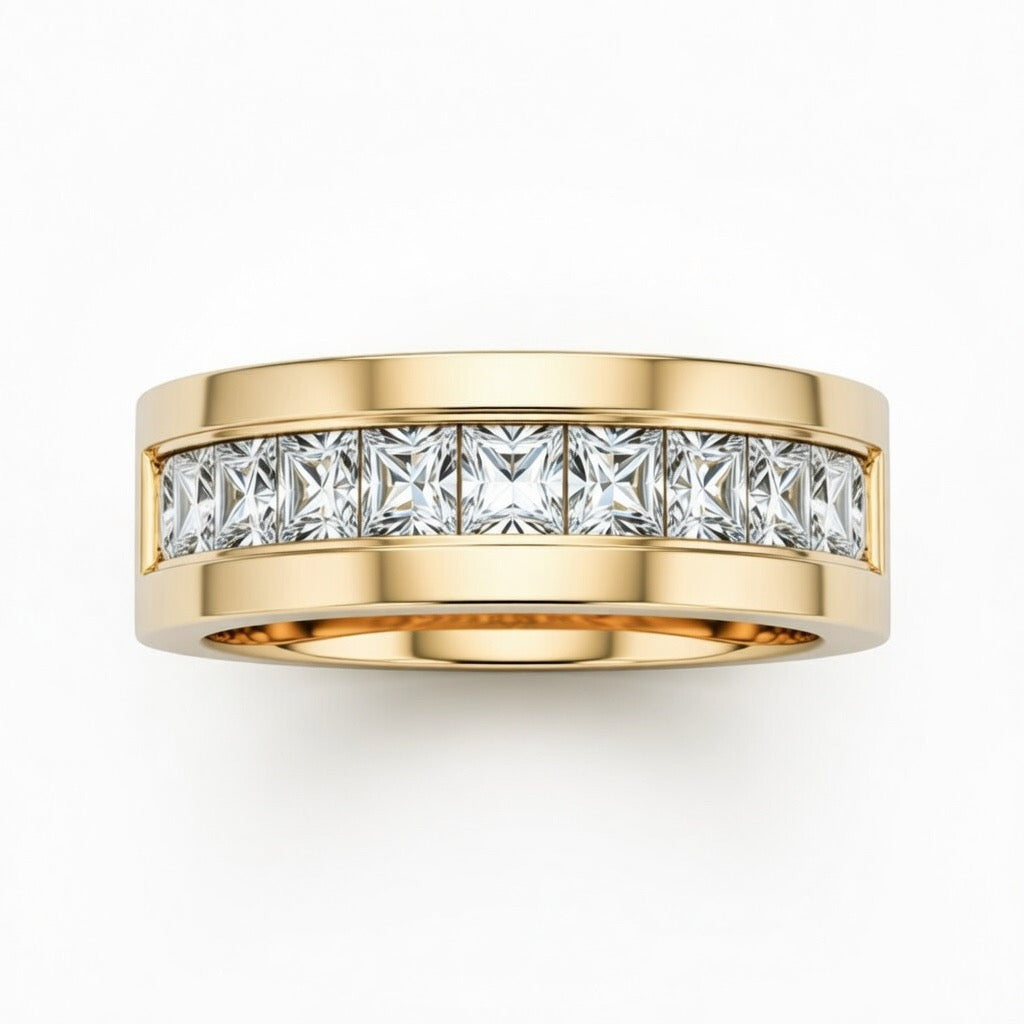 Yellow Gold Faceted Princess Cut Diamond Channel Set Wedding Band