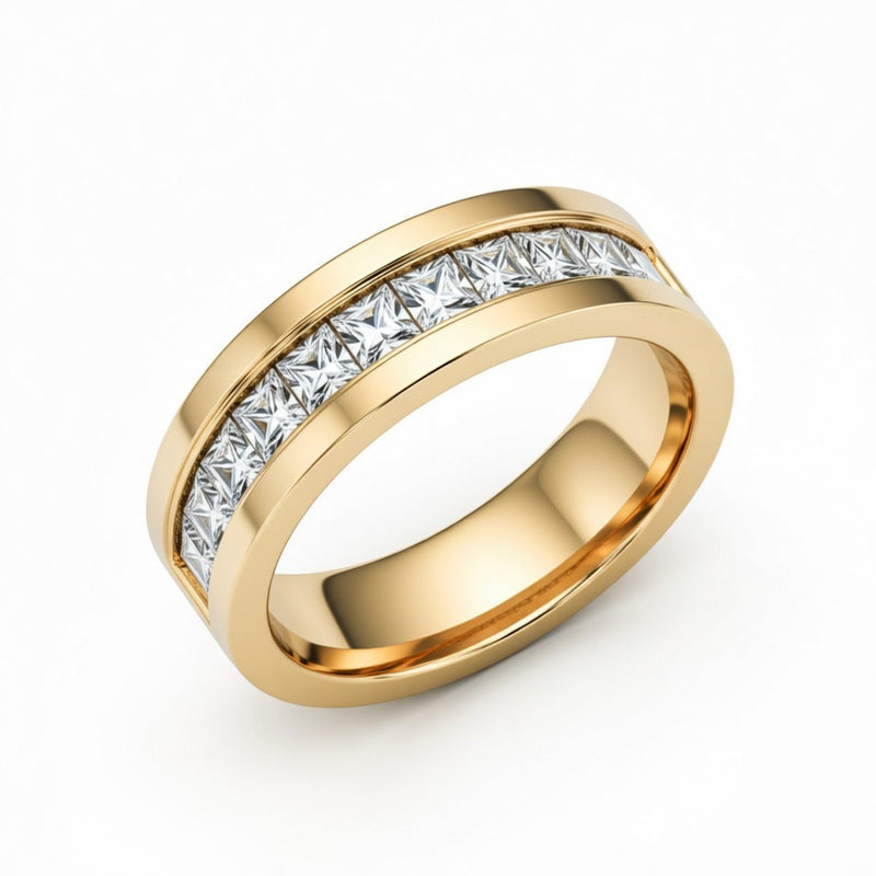 Yellow Gold Faceted Princess Cut Diamond Channel Set Wedding Band
