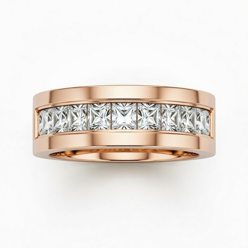 Rose Gold Faceted Princess Cut Diamond Channel Set Wedding Band
