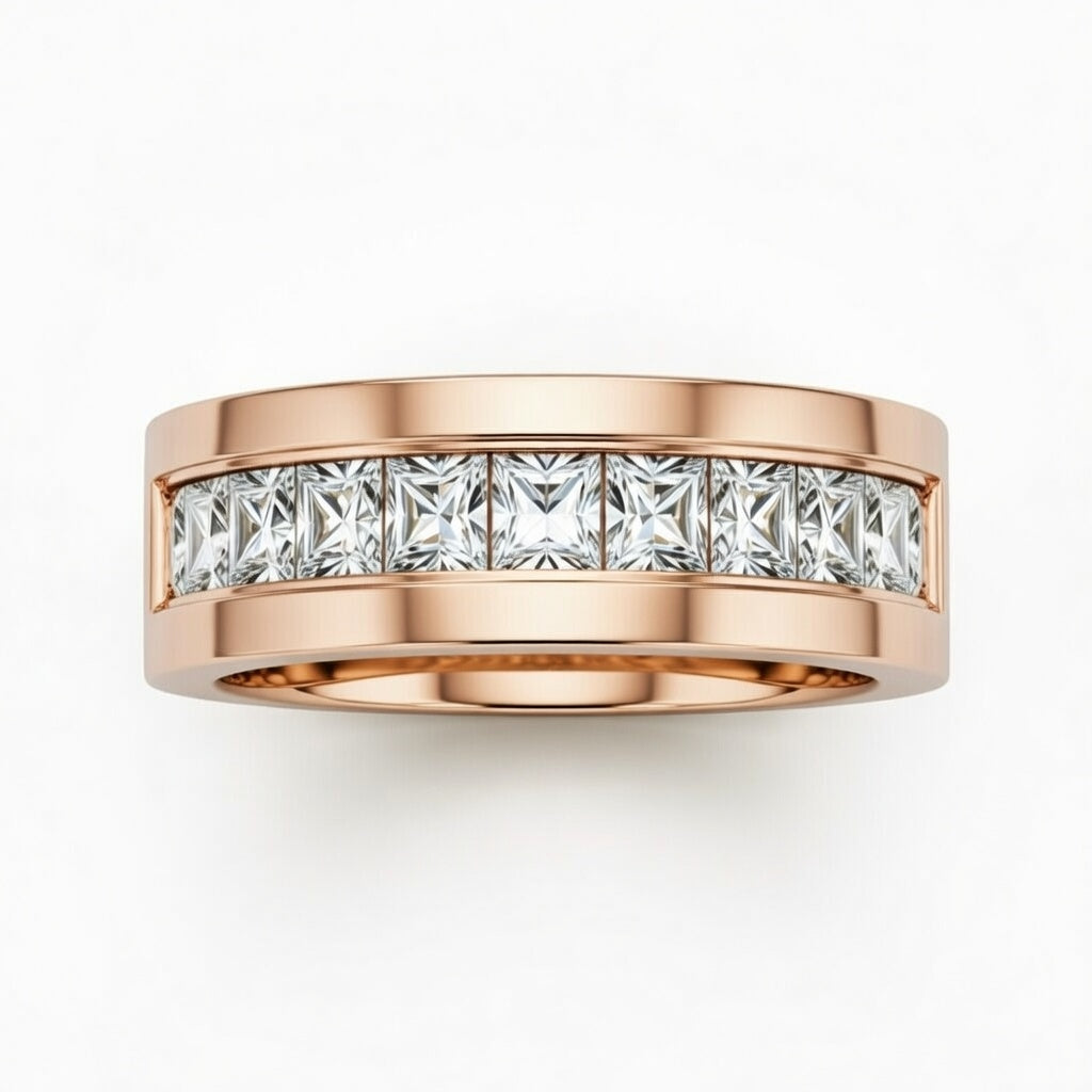 Rose Gold Faceted Princess Cut Diamond Channel Set Wedding Band