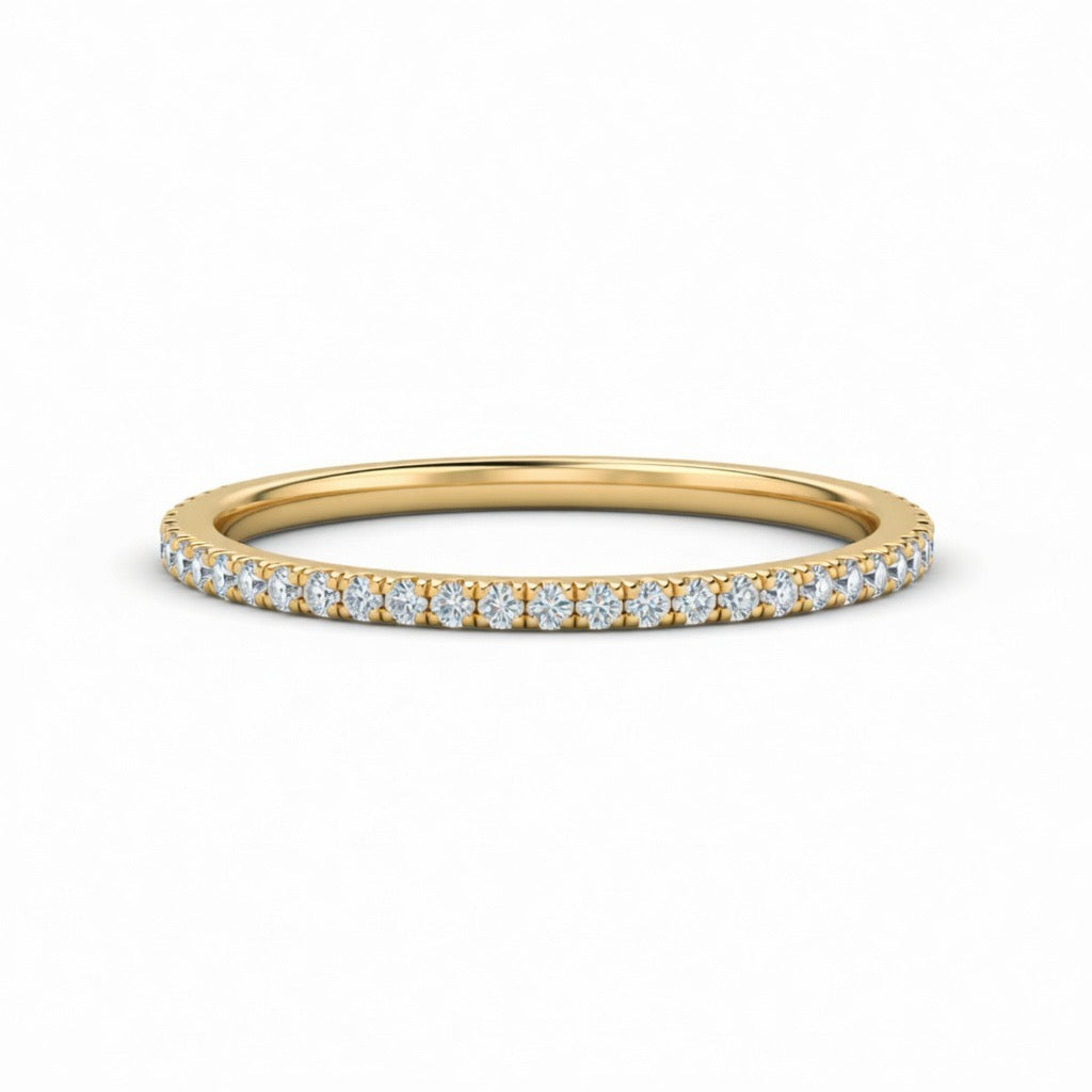 Yellow Gold Minimalist Pavé Diamond Eternity Wedding Band With Round Brilliant Diamonds