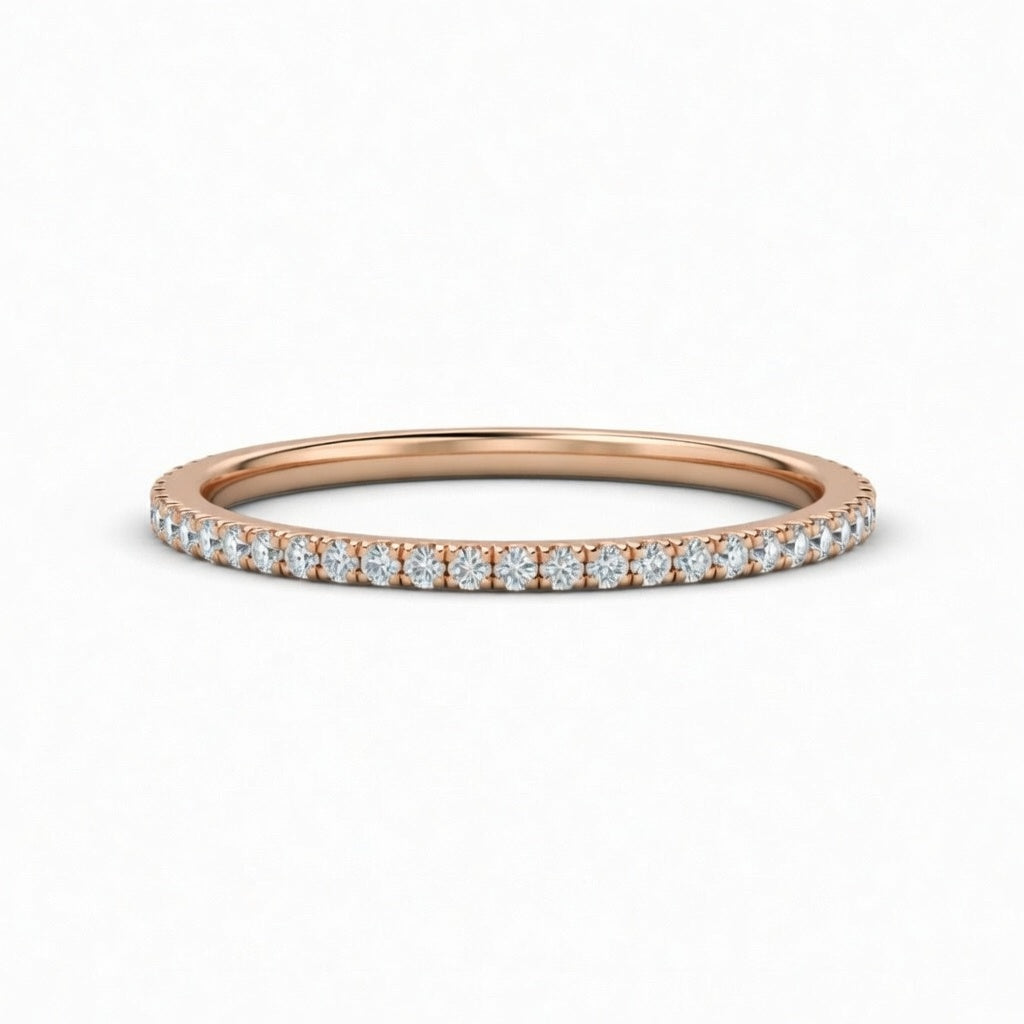 Rose Gold Minimalist Pavé Diamond Eternity Wedding Band With Round Brilliant Diamonds