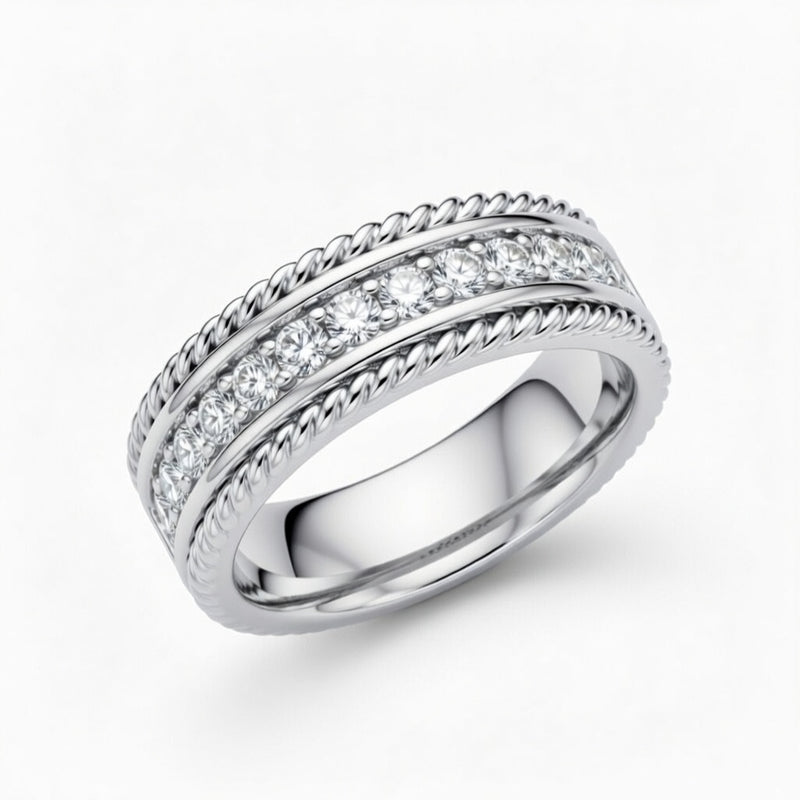 Silver Rope Edge Diamond Channel Set Wedding Band With Round Brilliant Diamonds