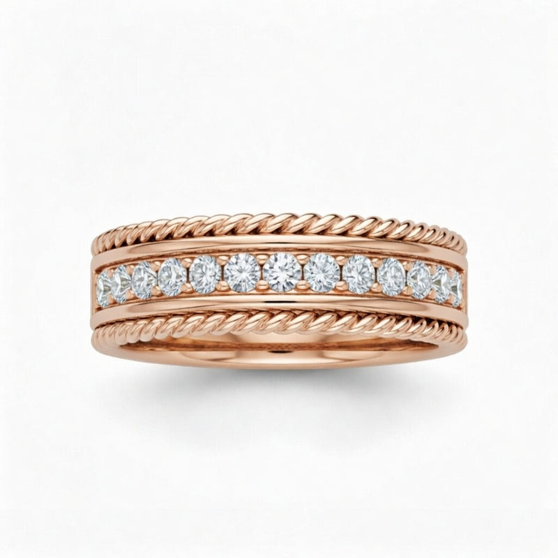 Rose Gold Rope Edge Diamond Channel Set Wedding Band With Round Brilliant Diamonds