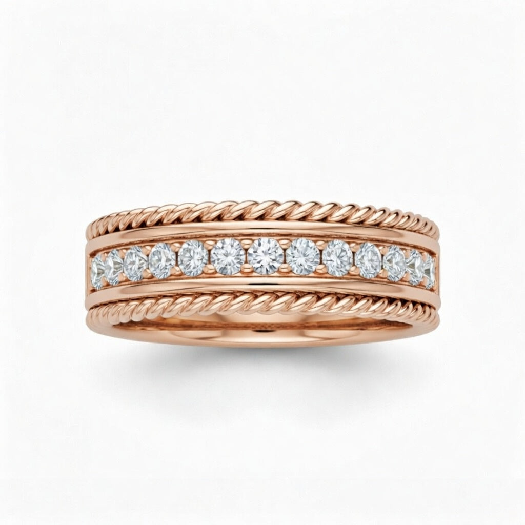 Rose Gold Rope Edge Diamond Channel Set Wedding Band With Round Brilliant Diamonds