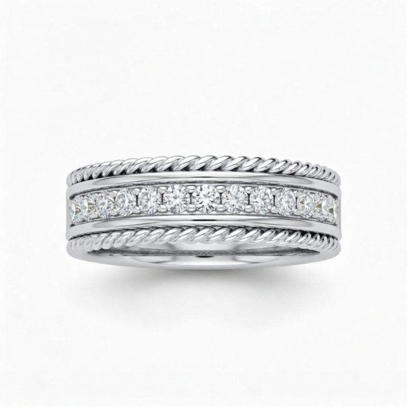 Silver Rope Edge Diamond Channel Set Wedding Band With Round Brilliant Diamonds