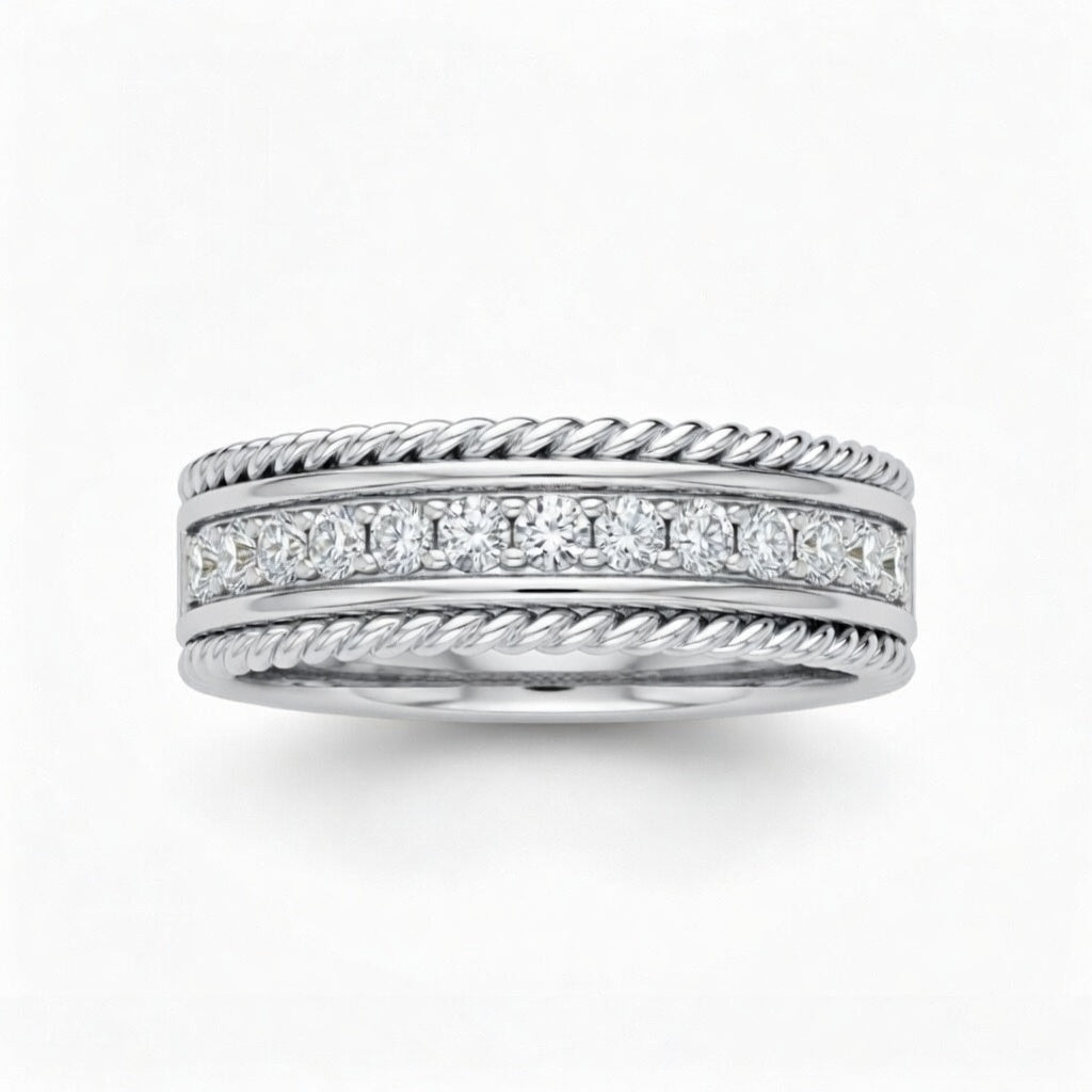 Silver Rope Edge Diamond Channel Set Wedding Band With Round Brilliant Diamonds