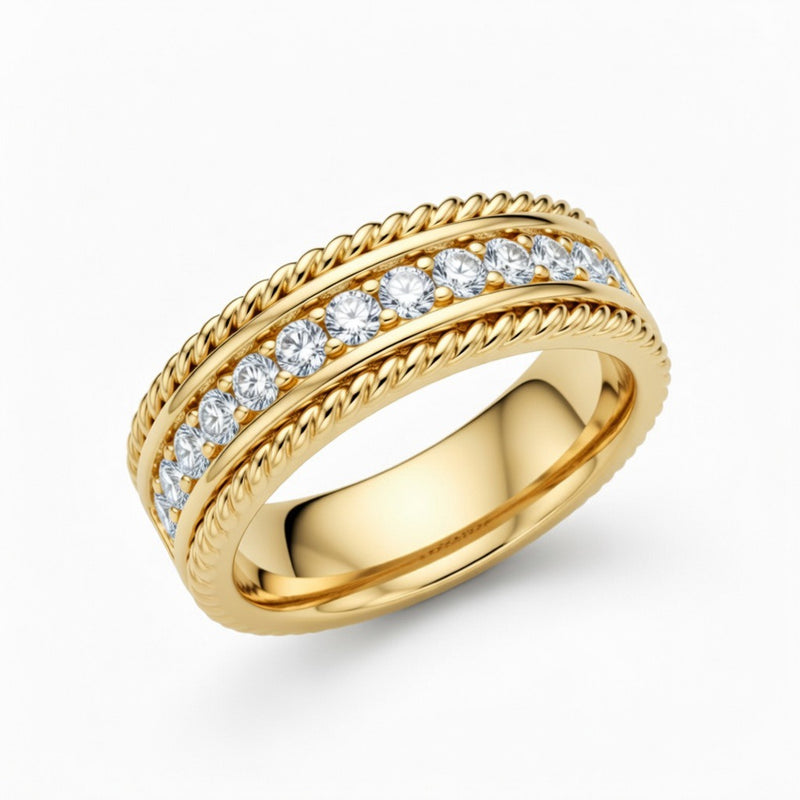 Yellow Gold Rope Edge Diamond Channel Set Wedding Band With Round Brilliant Diamonds