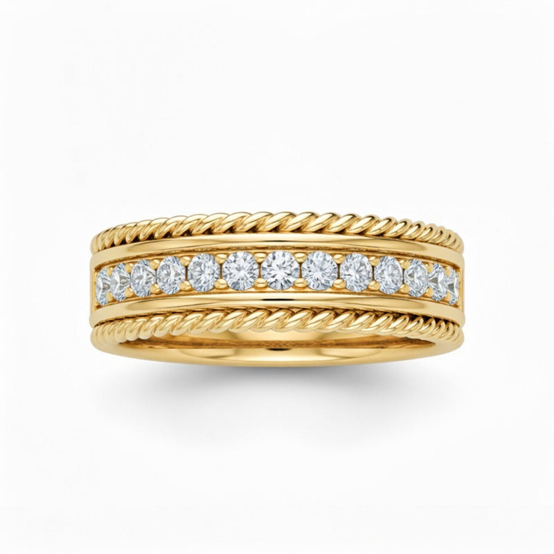 Yellow Gold Rope Edge Diamond Channel Set Wedding Band With Round Brilliant Diamonds