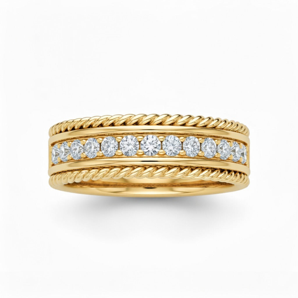 Yellow Gold Rope Edge Diamond Channel Set Wedding Band With Round Brilliant Diamonds
