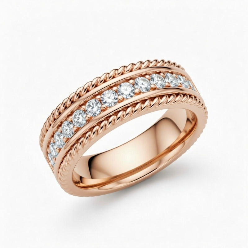 Rose Gold Rope Edge Diamond Channel Set Wedding Band With Round Brilliant Diamonds