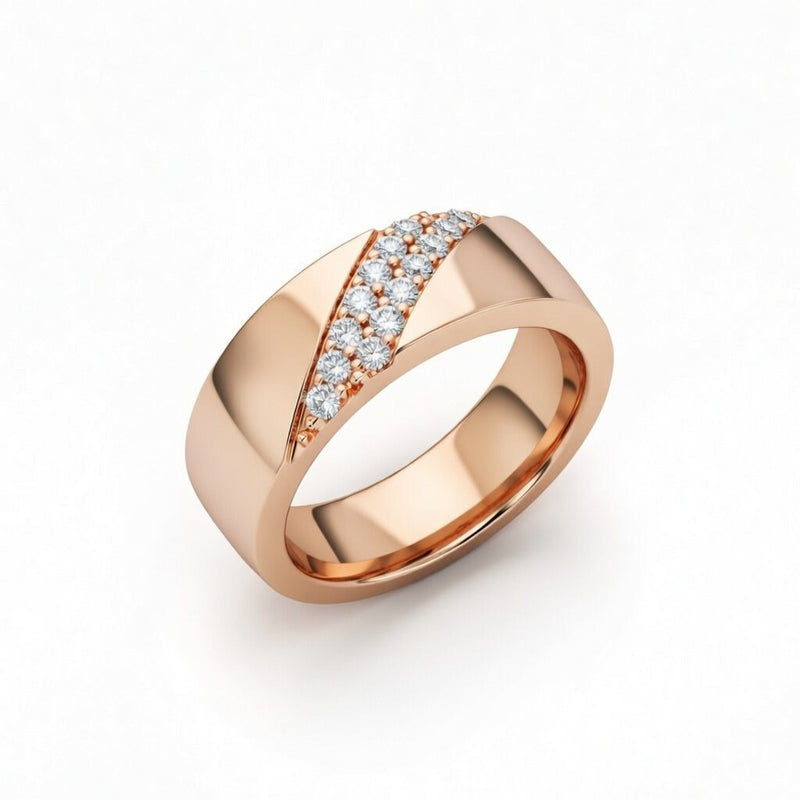 Rose Gold Diagonal Pavé Diamond Statement Wedding Band With Round Brilliant Diamonds