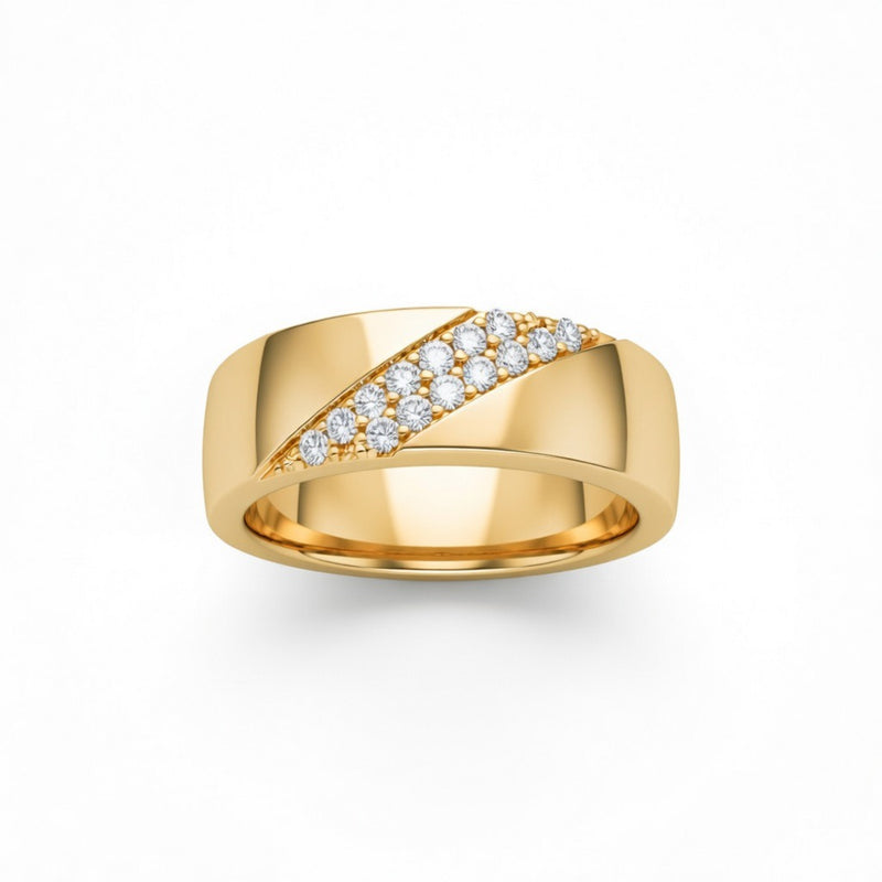 Yellow Gold Diagonal Pavé Diamond Statement Wedding Band With Round Brilliant Diamonds