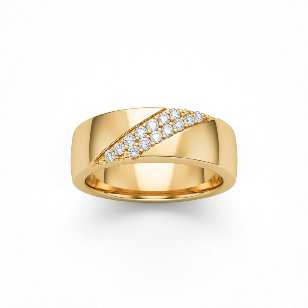 Yellow Gold Diagonal Pavé Diamond Statement Wedding Band With Round Brilliant Diamonds