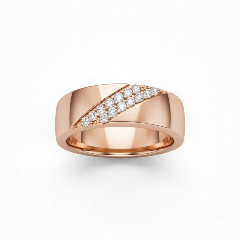 Rose Gold Diagonal Pavé Diamond Statement Wedding Band With Round Brilliant Diamonds