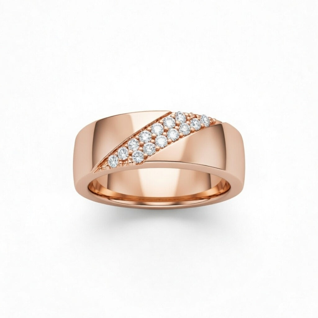 Rose Gold Diagonal Pavé Diamond Statement Wedding Band With Round Brilliant Diamonds