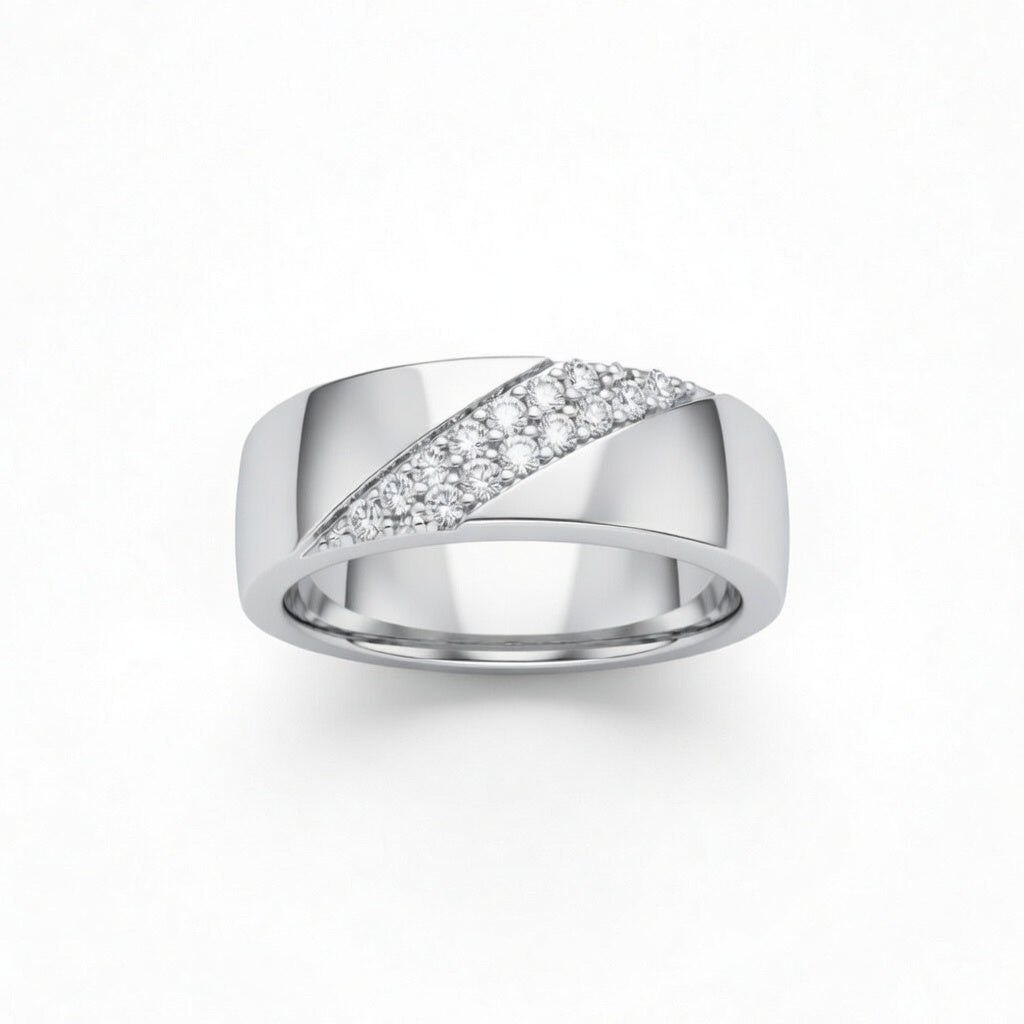 White Gold Diagonal Pavé Diamond Statement Wedding Band With Round Brilliant Diamonds