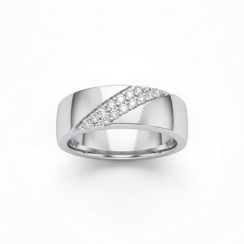 Silver Diagonal Pavé Diamond Statement Wedding Band With Round Brilliant Diamonds