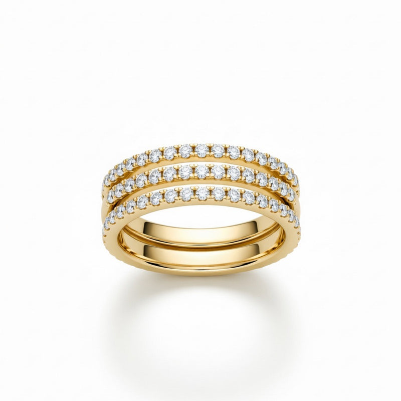 Yellow Gold Triple Row Pavé Diamond Stackable Wedding Band
