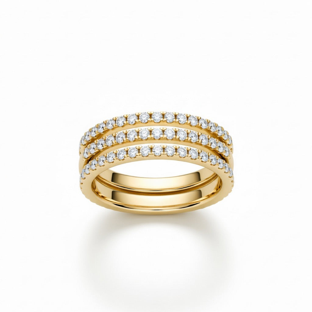 Yellow Gold Triple Row Pavé Diamond Stackable Wedding Band