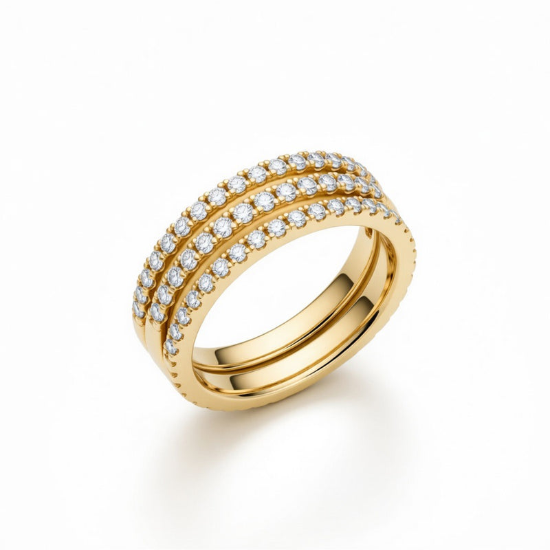 Yellow Gold Triple Row Pavé Diamond Stackable Wedding Band