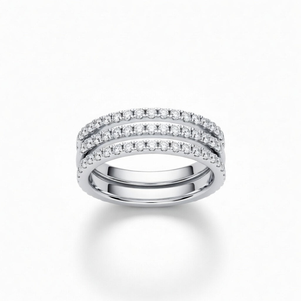 Silver Triple Row Pavé Diamond Stackable Wedding Band