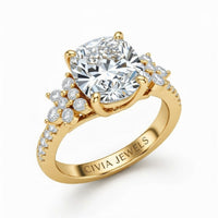 Yellow Gold Cushion Cut Engagement Ring With Floral Diamond Cluster Sides And Pavé Band