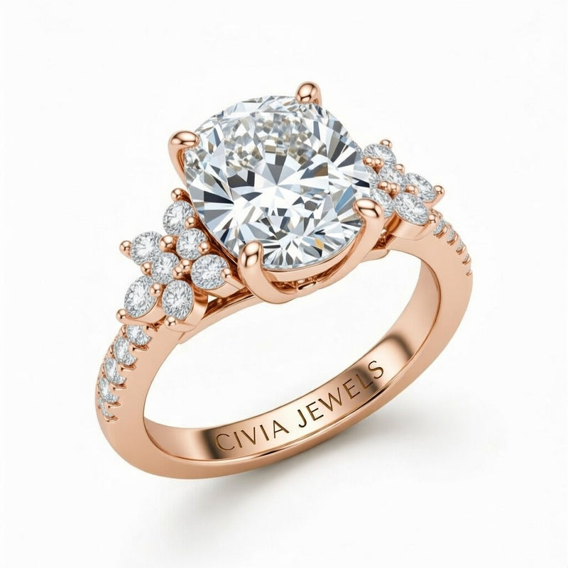 Rose Gold Cushion Cut Engagement Ring With Floral Diamond Cluster Sides And Pavé Band