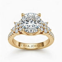 Yellow Gold Cushion Cut Engagement Ring With Floral Diamond Cluster Sides And Pavé Band